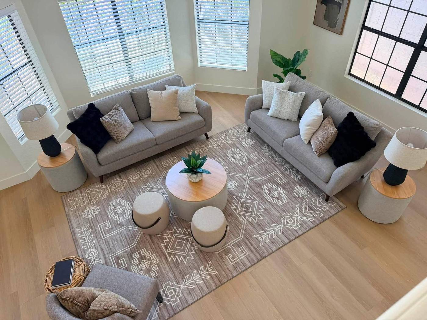 Sitting room staged with two facing sofas, round drum tables and a wool rug